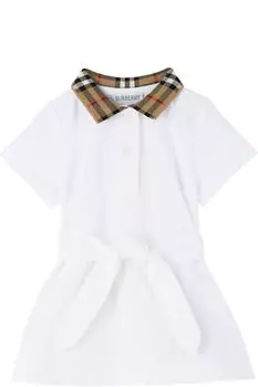 Платье-рубашка поло из хлопка с белым клетчатым воротником для малышей Burberry