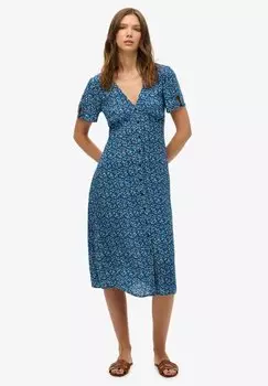 Платье-рубашка PRINTED BUTTON-UP SHORT SLEEVE MIDI TEA Superdry, синий