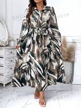Платье-рубашка Priv Plus с принтом по всей поверхности, украшенное поясом Shein, зеленый