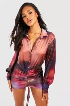 Платье-рубашка с абстрактным облинением и со сборками Boohoo, разноцветный
