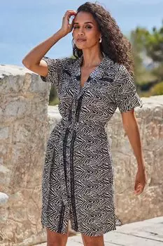 Платье-Рубашка с анималистичным принтом и отделкой лесенкой Sosandar, черный