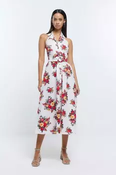 Платье рубашка с цветочным принтом River Island, бежевый