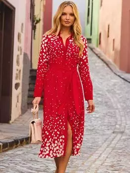 Платье-рубашка с длинным рукавом с точечным принтом Sosandar, цвет Red/White