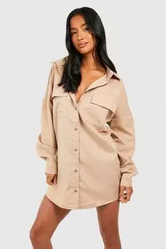 Платье-рубашка с карманами Petite Oversized boohoo, бежевый