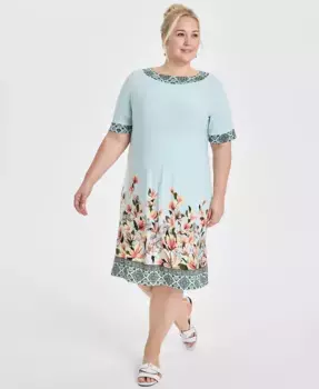 Платье-рубашка с коротким рукавом и контрастной каймой больших размеров JM Collection, синий