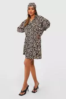 Платье-рубашка с леопардовым принтом и шарфом Boohoo, коричневый