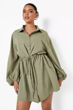 Платье-рубашка с объемными рукавами и плюсом boohoo, хаки