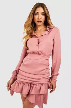 Платье-рубашка с оборками Boohoo, роза