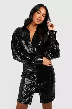 Платье-рубашка с пайетками Boohoo, черный