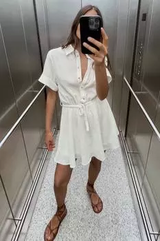 Платье-рубашка с плетенным поясом ZARA, жемчужно-белый