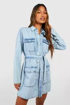 Платье-рубашка с поясом Boohoo, синий