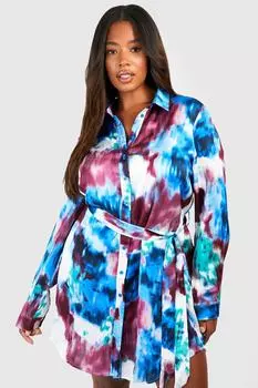 Платье-рубашка с поясом и эффектом мрамора Boohoo, синий