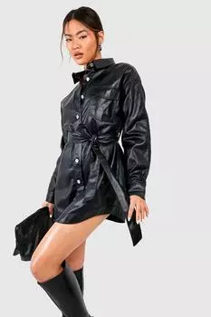 Платье-рубашка с поясом и полиуретановым покрытием boohoo, черный