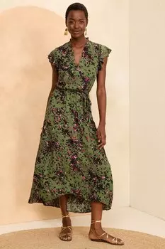 Платье рубашка с поясом и рукавами крылышками Love & Roses, хаки