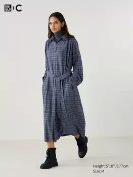 Платье-Рубашка с поясом клетка Uniqlo, синий