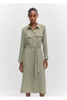 Платье-рубашка с поясом Mango, зеленый
