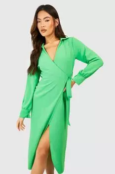 Платье-рубашка с поясом передним и запахом Boohoo, зеленый