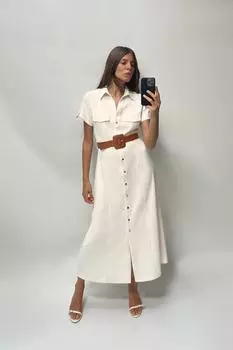 Платье-рубашка с поясом ZARA, экрю