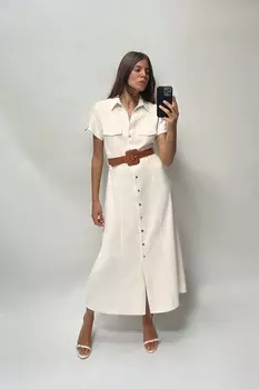 Платье-рубашка с поясом ZARA, экрю