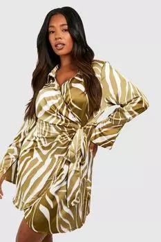 Платье-рубашка с принтом зебра на запахе Boohoo, хаки