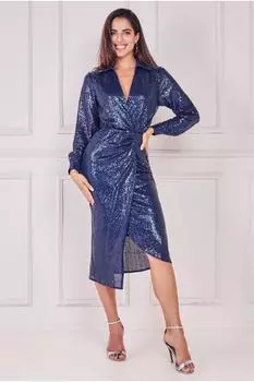 Платье-рубашка с разрезом спереди и пайетками Goddiva, темно-синий