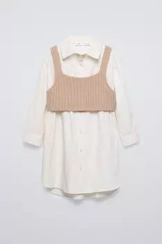 Платье-рубашка с трикотажным топом ZARA, бежевый