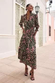 Платье-Рубашка с узором присборенными манжетами и застежкой на пуговицы Love & Roses, зеленый