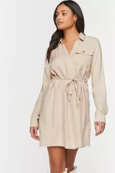 Платье-рубашка с V-образным вырезом и поясом Forever 21, серо-коричневый