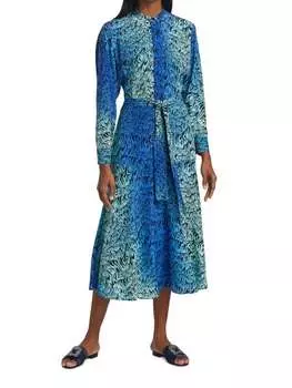 Платье-рубашка с волнистыми надписями и поясом Stella McCartney Blue