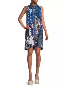 Платье-рубашка с воротником и цветочным принтом Roberto Cavalli, цвет Blue White