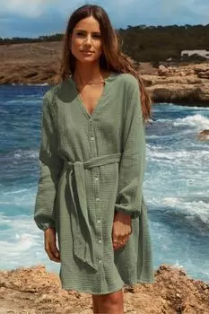 Платье-рубашка с воротником стойкой и поясом Threadbare, зеленый