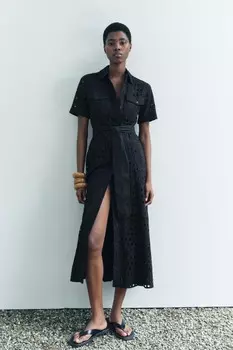 Платье-рубашка с вышивкой ZARA, черный