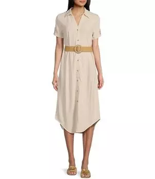Платье-рубашка с запозданием из смесового льна Blu Pepper, бежевый