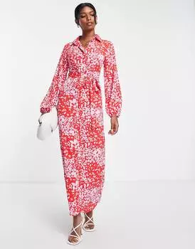 Платье-рубашка с завязками спереди и принтом красных ромашек ASOS DESIGN