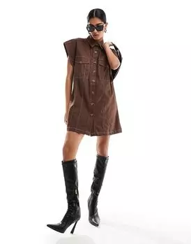 Платье-рубашка свободного кроя без рукавов ASOS DESIGN из твила мокко с контрастной строчкой