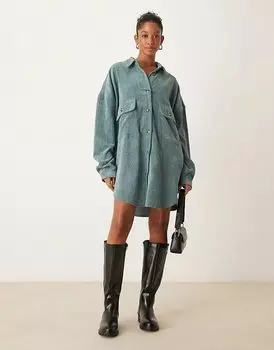 Платье-рубашка свободного покроя из вельвета с карманом-карманом цвета морской волны ASOS DESIGN