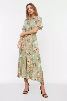 Платье-рубашка Trendyol с поясом и цветочным принтом, зеленый