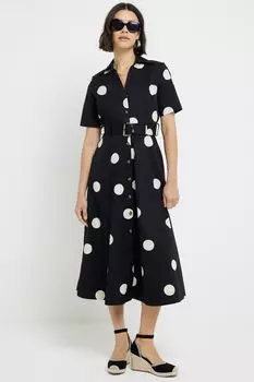 Платье-Рубашка в горошек с поясом River Island, черный