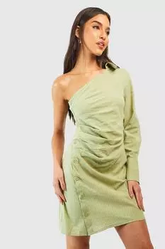 Платье-рубашка в полоску на одно плечо Boohoo, зеленый