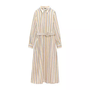 Платье-рубашка Zara Belted Striped, экрю/темно-синий
