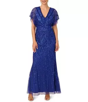 Платье-русалка Adrianna Papell с V-образным вырезом и короткими развевающимися рукавами из бисера, синий