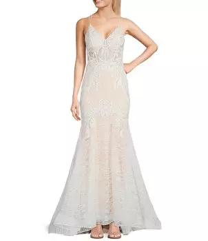 Платье-русалка GB с V-образным вырезом и шнуровкой на спине, вышитое кружевом, белый