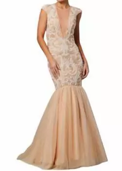 Платье-русалка с короткими рукавами в цвете Nude JOVANI