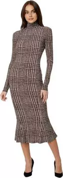 Платье-рыбий хвост с длинными рукавами и черепахой до середины икры Norma Kamali, цвет Chocolate Glenn Plaid Tweed