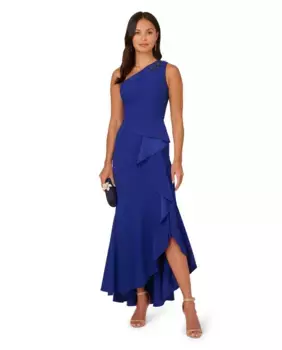 Платье с асимметричным вырезом и стразами на плече Adrianna Papell, синий