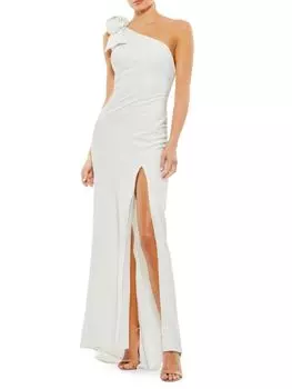 Платье с бантом на одно плечо и боковым разрезом Mac Duggal, белый