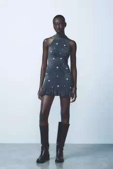 Платье с бисером на халтере ZARA, темно-серый