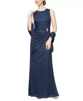 Платье с блестящим воротником и шалью SL Fashions, синий