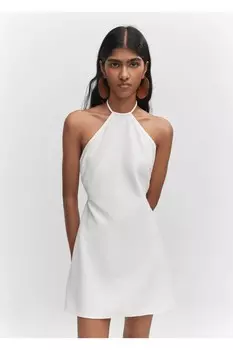 Платье с бретелькой на шее и металлизированной отделкой Mango, белый