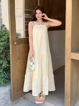 Платье с цельной талией Однотонная напольная ткань Женский узор с вышивкой. на лето Dazy, кремовый/бежевый